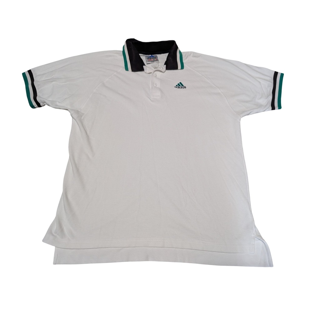 Adidas Polo Shirt Men XL White Vintage 90s Short Sleeve Cotton Striped Sport